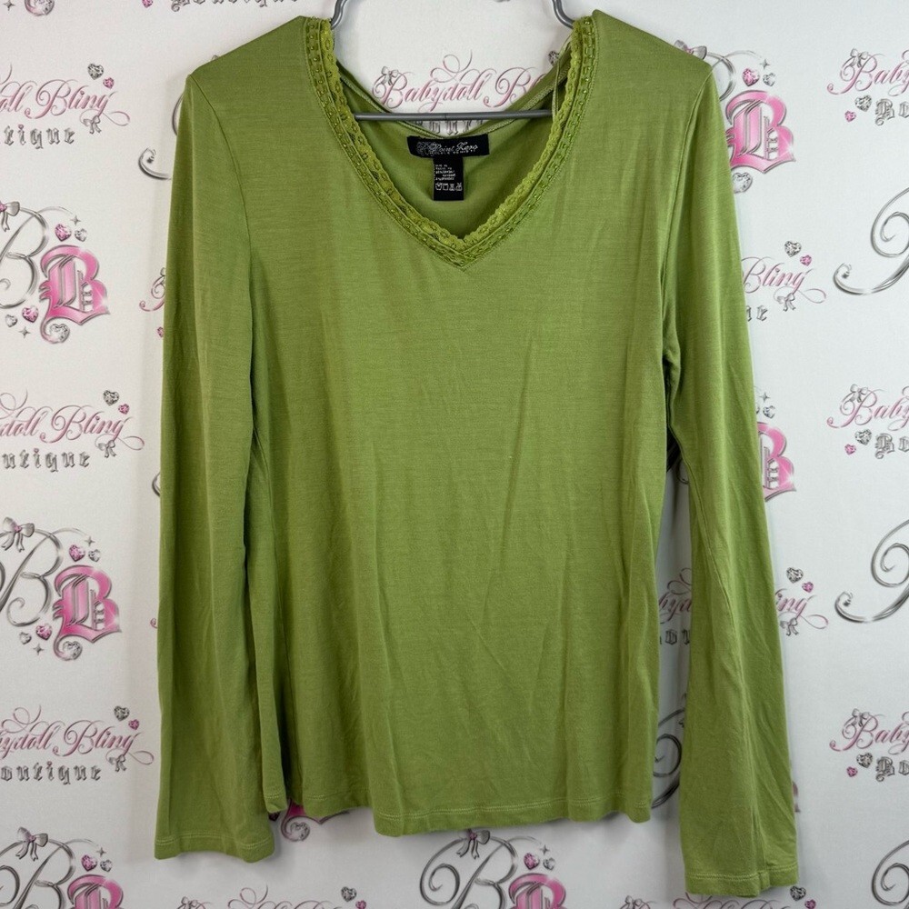 Point Zero long sleeve beaded, neckline lace, Olive Green Long Sleeve V-Neck Top